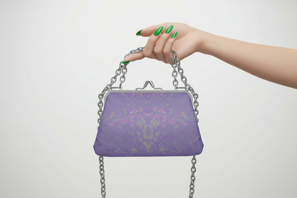 Purple Leaf Flat Frame Bag with green nails mockup