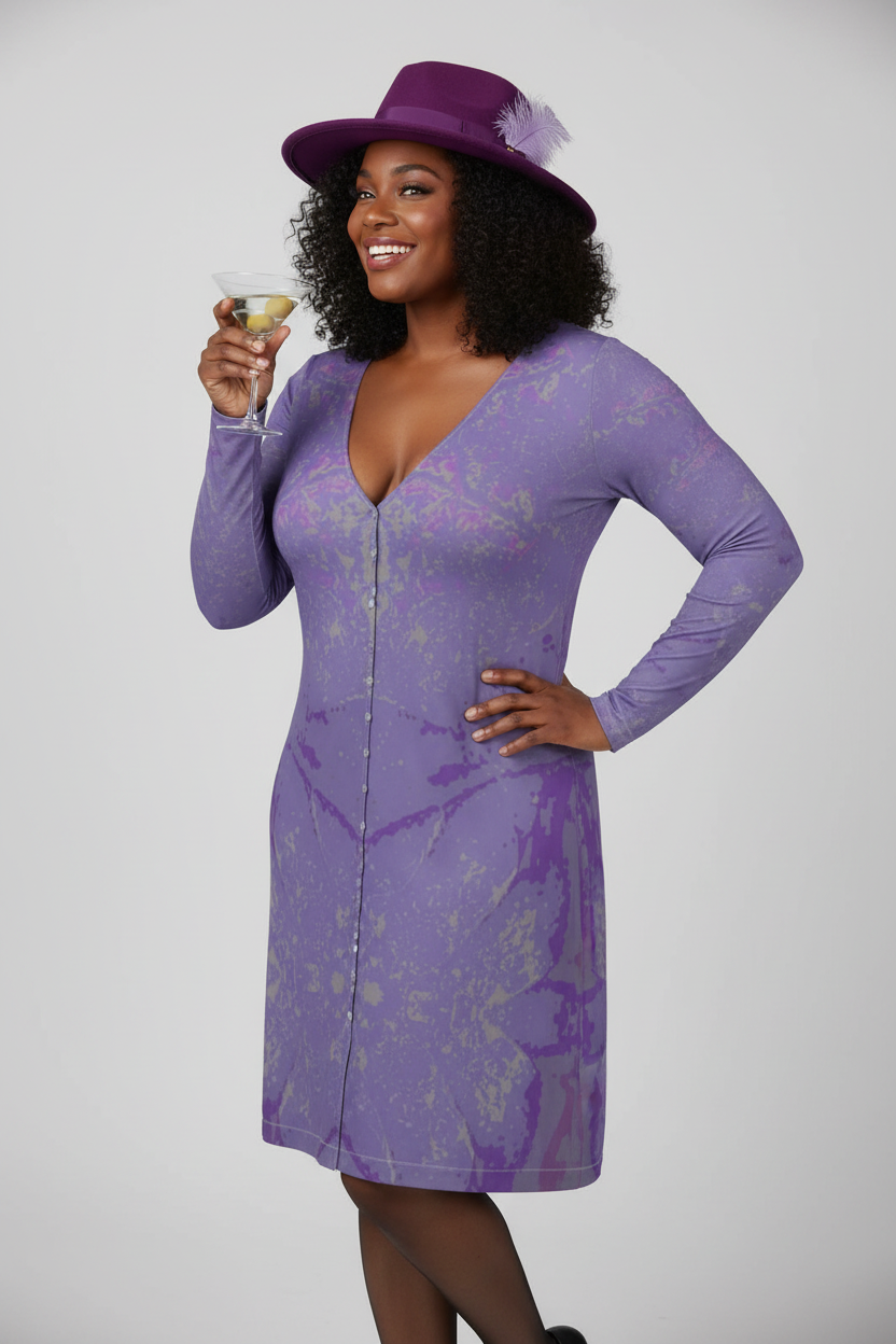 Purple Leaf Ladies Cardigan Long Full Figured Model Fun Hat Drinking Martini Studio Mockup