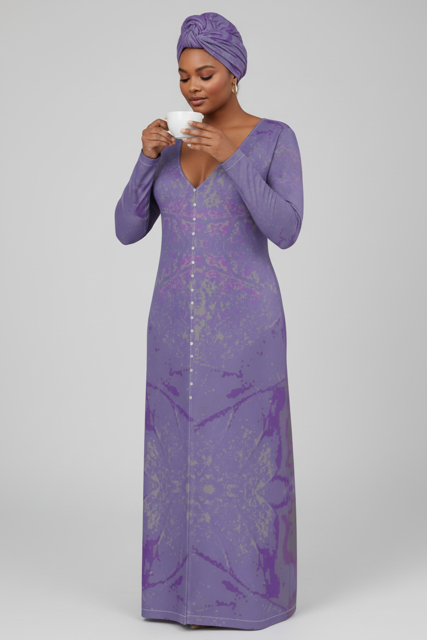 Purple Leaf Ladies Cardigan Long Full Figured Model Matching Head Scarf Drinking Cappuccino Studio Mockup