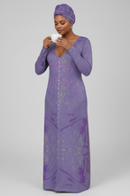 Purple Leaf Ladies Cardigan Long Full Figured Model Matching Head Scarf Drinking Cappuccino Studio Mockup