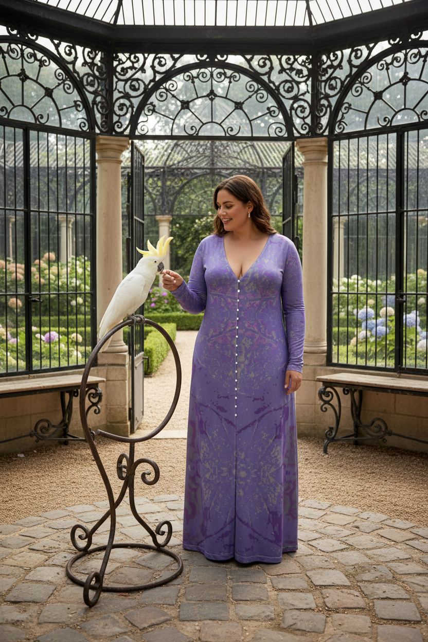 Purple Leaf Ladies Cardigan Long Full Figured Model Talking to Cockatoo French Aviary Mockup