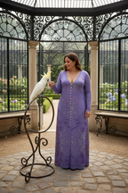 Purple Leaf Ladies Cardigan Long Full Figured Model Talking to Cockatoo French Aviary Mockup