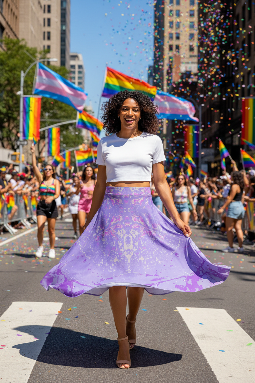 Purple Leaf Midi Skirt – White Cropped Top Pride