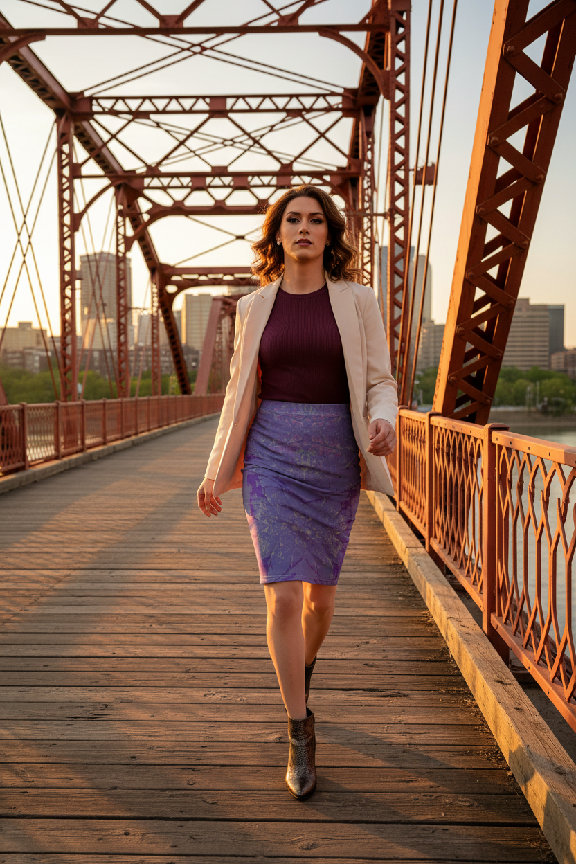 Purple Leaf Pencil Skirt on Hot Metal Bridge