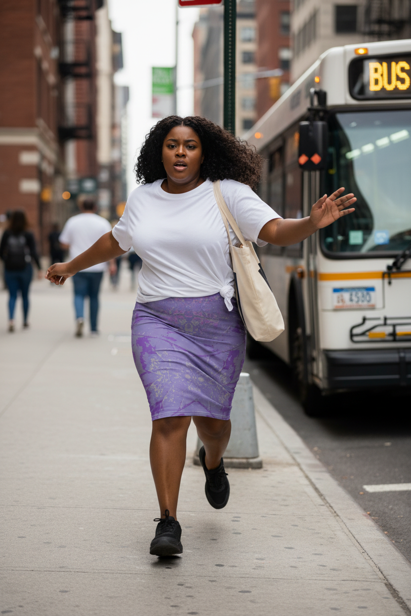 Purple Leaf Pencil Skirt Running for Bus