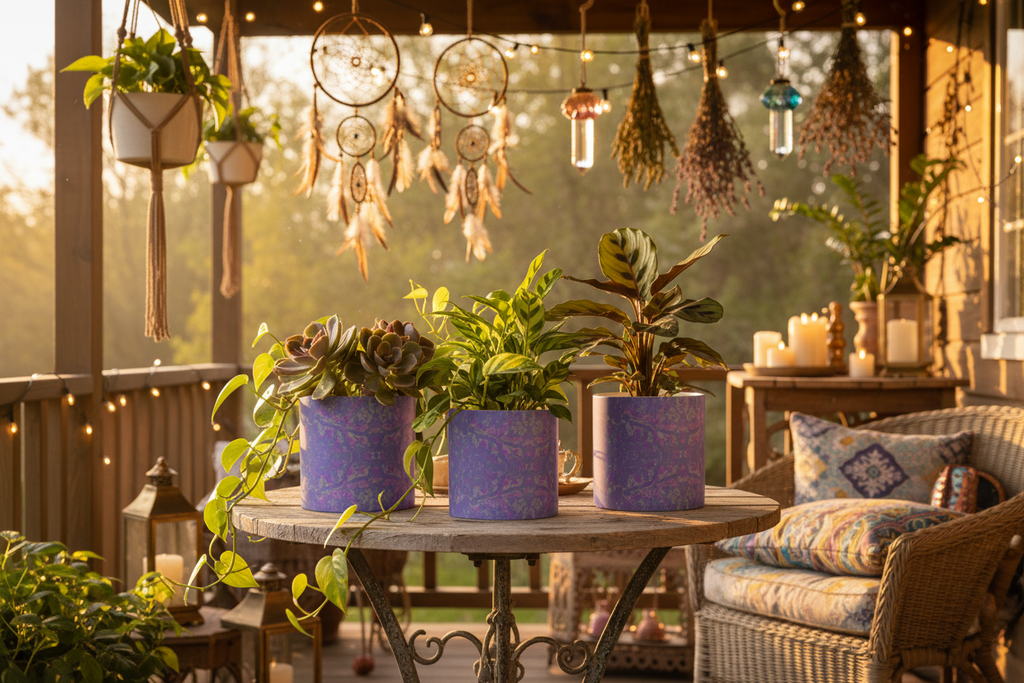 Purple Leaf Plant Pot on Witchy Boho Porch