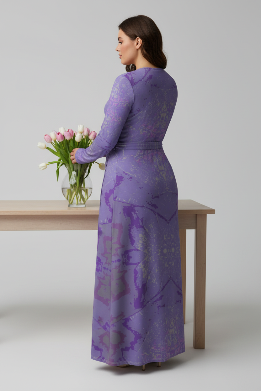 Purple Leaf Wrap Dress Full Figured Model Arranging Tulips Back Left View Studio Mockup