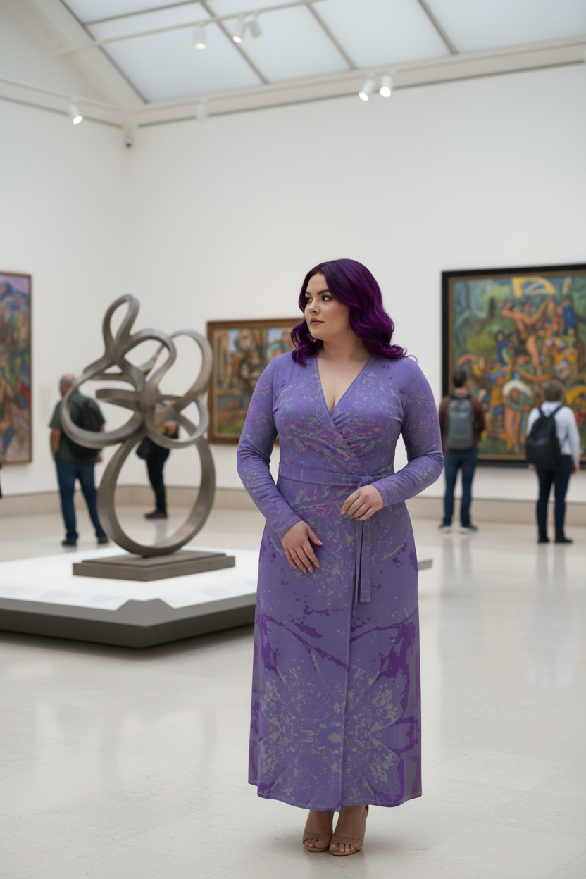 Purple Leaf Wrap Dress Full Figured Model Purple Hair Museum Mockup