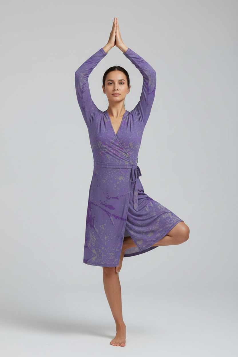 Purple Leaf Wrap Dress Model Tree Pose Studio Mockup