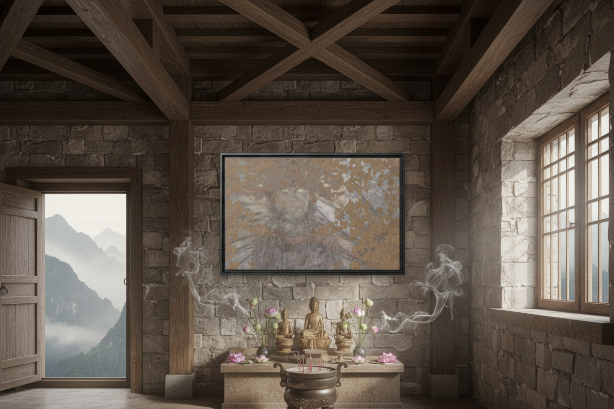 Quan Yin Metallic Canvas – Mountain Temple