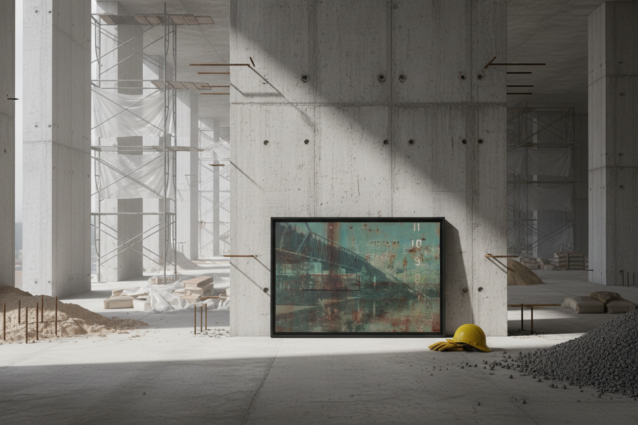 Urban River Rust Canvas - Brutalist Building Under Construction
