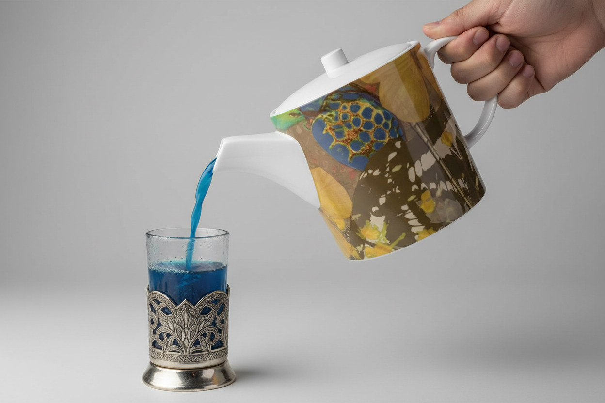 Wonderland Bone China Teapot Pouring Blue Butterfly Tea Studio Mockup