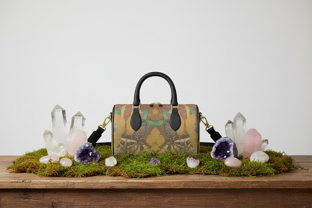 Wonderland Mini Denbigh Duffle Bag on Moss with Crystals Studio Mockup