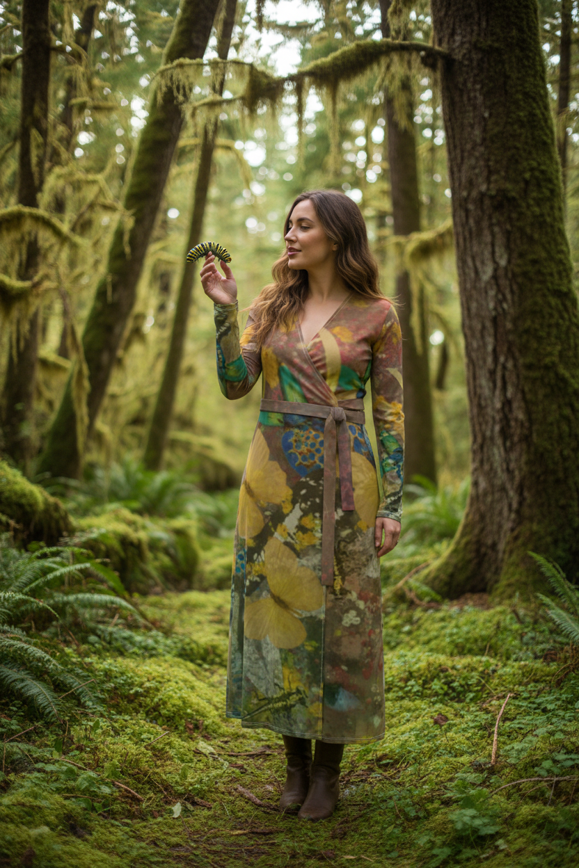 Wonderland Wrap Dress Model in Olympic National Park with Caterpillar Mockup